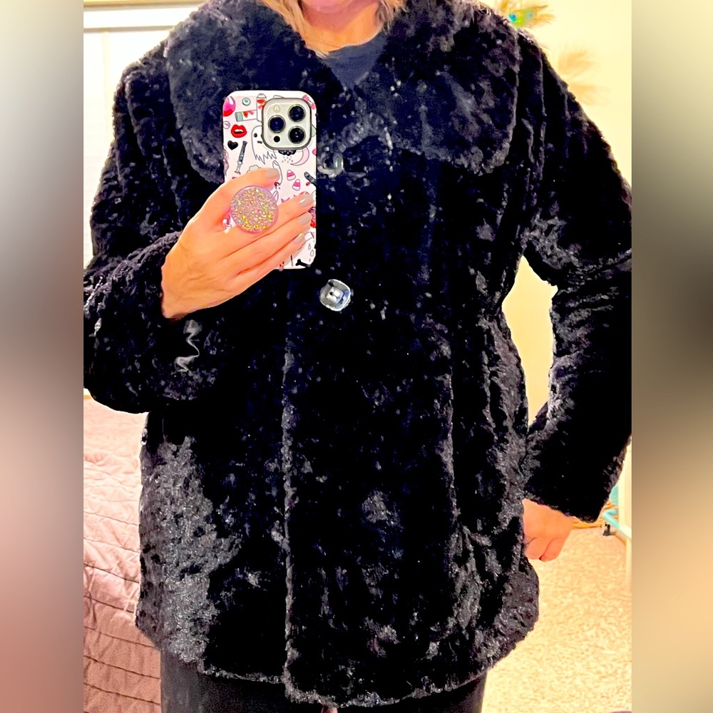 Lightweight weatherproof faux fur black coat - XL